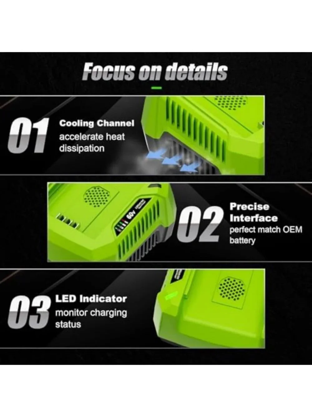 Fast 6A Replacement Charger for 60V Batteries, Compatible with Greenworks Pro